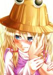  absurdres blonde_hair blue_eyes blush hair_ribbon hand_on_another's_cheek hand_on_another's_face hat highres moriya_suwako nora_wanko ribbon touhou wide_sleeves wrist_grab 