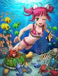  ;d air_bubble barefoot bikini bubble clam coral crab diving fish freediving green_eyes happy light_rays lobster nature navel neongun ocean octopus one_eye_closed open_mouth pearl pink_hair short_hair smile solo sunbeam sunlight swimming swimsuit tankini turtle twintails umi_monogatari underwater urin_(umi_monogatari) 