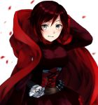  1girl arm_up bangs cape corset dress frilled_dress frills grey_eyes grin hair_between_eyes hooded looking_at_viewer petals red_cape red_dress red_hair ruby_rose rwby short_dress short_hair smile solo somechime_(sometime1209) standing swept_bangs white_background 