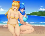  2girls a-tama aratama_(a-tama) beach blonde_hair blue_hair breasts highres large_breasts midriff multiple_girls ocean plump smile source_request 