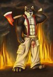  anthro axe barefoot biceps big_muscles black_fur black_hair black_nose blue_eyes braces canine clothing cock_through_fly fire firefighter firefighter_uniform fur grey_fur grin hair half-erect humanoid_penis hunk looking_at_viewer male mammal muscles pants pecs penis penis_through_fly pose presenting smile solo standing strong toned topless uniform unknown_artist weapon wolf 