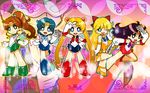  5girls :d ;d ahoge aino_minako arm_up back_bow bare_legs bishoujo_senshi_sailor_moon black_hair blonde_hair blue_choker blue_eyes blue_footwear blue_hair blue_sailor_collar blue_skirt boots bow brown_hair chiba_mamoru chibi choker clenched_hands double_bun earrings elbow_gloves gloves green_choker green_eyes green_footwear green_sailor_collar green_skirt hair_bobbles hair_bow hair_ornament half_updo hand_on_hip highres hino_rei inner_senshi jewelry kino_makoto knee_boots long_hair magical_girl mask mizuno_ami multiple_girls ofuda one_eye_closed open_mouth orange_choker orange_sailor_collar orange_skirt outline panty_&amp;_stocking_with_garterbelt parody pink_background pink_bow pointing ponytail purple_eyes red_bow red_choker red_sailor_collar red_skirt ribbon sailor_collar sailor_jupiter sailor_mars sailor_mercury sailor_moon sailor_senshi sailor_senshi_uniform sailor_venus shoes short_hair skirt smile standing standing_on_one_leg strappy_heels style_parody tagro tiara tsukino_usagi tuxedo tuxedo_kamen twintails v white_gloves 