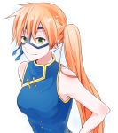  1girl blue_dress blue_ribbon boku_no_hero_academia breasts brown_hair china_dress chinese_clothes dress green_eyes hair_ribbon hand_on_hip kendou_itsuka long_hair looking_at_viewer mask medium_breasts ribbon shika_(hachilemon) side_ponytail sleeveless sleeveless_dress smile solo upper_body very_long_hair 