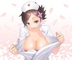  1girl blue_eyes breasts brown_hair cleavage cross flower hair_flower hair_ornament hat large_breasts looking_at_viewer nurse_cap open_mouth petals short_hair smile solo undressing v_juri_f yozakura_quartet 