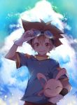  1boy blue_shirt brown_eyes brown_hair digimon gloves goggles goggles_on_head grin hair_between_eyes highres himechui koromon looking_at_viewer male_focus shirt short_hair short_sleeves smile solo standing upper_body white_gloves yagami_taichi 