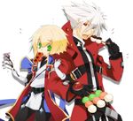  black_gloves blazblue blonde_hair brothers dango eating food food_request gloves green_eyes heterochromia jin_kisaragi mitarashi_dango multiple_boys open_mouth ragna_the_bloodedge red_eyes sanshoku_dango short_hair siblings skewer uzukinoko wagashi white_gloves white_hair 