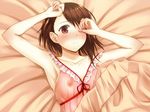  arms_up blush breasts brown_eyes brown_hair camisole covering_eyes kanden_suki looking_at_viewer lying medium_breasts nightgown nipples nisekoi on_back onodera_kosaki see-through short_hair solo 