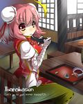  1girl bandages blush bowl breasts bun_cover chair chopsticks double_bun dress eating food ibaraki_kasen large_breasts looking_at_viewer looking_back pink_dress pink_eyes shirt sitting skirt solo surprised tabard table tablet touhou umigarasu_(kitsune1963) 