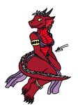  aarkangel anthro big_breasts bra breasts cleavage clothed clothing dragon ear_piercing female fur horn jewelry loincloth piercing pose red_scales scalie serene_(aarkangel) sitting skimpy smile solo underwear yellow_eyes 