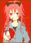  bad_id bad_pixiv_id blush dated food grin hair_ribbon hand_on_hip hiiragi_fuyuki jacket mahou_shoujo_madoka_magica mouth_hold pocky red_eyes red_hair ribbon sakura_kyouko smile solo upper_body 