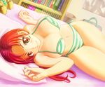  bed bikini book breasts h_(hhhhhh4649) large_breasts long_hair lying navel on_back original red_eyes red_hair smile solo striped striped_bikini swimsuit 