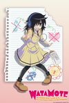  1girl arrow bags_under_eyes black_hair drawings green_eyes headphones kuroki_tomoko long_hair official_art paper school_uniform shadow watashi_ga_motenai_no_wa_dou_kangaetemo_omaera_ga_warui! 