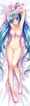  absurdres animal_ears aqua_eyes aqua_hair armpits arms_up barefoot bed bed_sheet blush breasts cat_ears cat_tail dakimakura full_body hatsune_miku headdress highres large_breasts long_hair looking_at_viewer lying navel on_back on_bed panties pecorin side-tie_panties solo tail twintails underwear very_long_hair vocaloid 