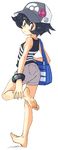  alternate_costume alternate_hair_color alternate_hairstyle bag barefoot black_eyes black_hair bracelet dorsiflexion feet flat_chest full_body handbag highres jewelry legs looking_back oyatsu_(mk2) pokemon pokemon_(game) pokemon_xy running serena_(pokemon) short_hair shorts sleeveless soles solo toes 