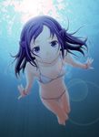  barefoot bikini blue_eyes bracelet diving dokidoki!_precure flat_chest freediving hishikawa_rikka holding_breath jewelry lens_flare long_hair looking_at_viewer navel precure purple_hair slowpit smile solo swimming swimsuit underwater 