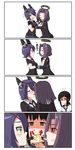  4koma anger_vein blush brown_hair close-up closed_eyes comic eating eyepatch food fubuki_(kantai_collection) gloves headgear highres kantai_collection mechanical_halo multiple_girls necktie open_mouth pocky pocky_kiss purple_eyes purple_hair shared_food short_hair sweatdrop tatsuta_(kantai_collection) tenryuu_(kantai_collection) yellow_eyes yuureidoushi_(yuurei6214) 