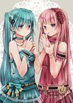  aqua_eyes aqua_hair belt bracelet choker hatsune_miku jewelry long_hair megurine_luka multiple_girls nail_polish necklace red_hair red_string smile string twintails utaori vocaloid 