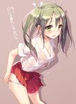  an2a blush breasts cleavage green_eyes green_hair hair_ribbon japanese_clothes kantai_collection long_hair looking_at_viewer medium_breasts panties panty_pull ribbon see-through short_sleeves simple_background skirt solo translated twintails underwear wet white_panties zuikaku_(kantai_collection) 
