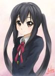  2011 artist_name black_hair blush brown_eyes dated highres k-on! kem_kem long_hair nakano_azusa ribbon sakuragaoka_high_school_uniform school_uniform signature smile solo twintails 