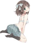  blush bow bra brown_hair dutch_angle green_eyes hair_bow head_tilt maigoyaki no_shirt original sitting skirt socks solo underwear v_arms wariza 