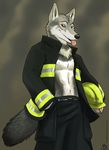  anthro canine firefighter firefighter_helmet firefighter_uniform helmet male mammal pose solo uniform wolf 