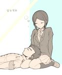  1girl armband black_hair closed_eyes danganronpa danganronpa_1 ikusaba_mukuro ishimaru_kiyotaka lap_pillow monochrome sleeping smkdss uniform 