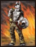  anthro belt biceps black_fur black_nipples black_nose blue_eyes canine chest_tuft claws clothing fire firefighter firefighter_uniform fur grey_fur grey_hair grin hair hunk jacket male mammal muscles nipples pants pecs pose shirt smile solo standing toe_claws toned topless tuft uniform unknown_artist wolf 