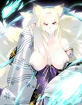  animal_ears areola_slip areolae blonde_hair breasts fox_ears fox_tail huge_breasts japanese_clothes kimono long_hair multiple_tails off_shoulder omachi rance_(series) sakai_koushirou sengoku_rance shawl solo tail 