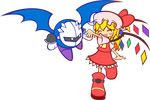  bat_wings blonde_hair blush boots crossover crystal dress flandre_scarlet full_body hat holding_hands kirby_(series) mask meta_knight mob_cap puyopuyo puyopuyo_fever red_dress running smile touhou transparent_background wings y&amp;k yellow_eyes 
