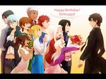  6+girls ahoge archer artoria_pendragon_(all) black_hair blonde_hair brown_hair emiya_kiritsugu emiya_norikata emiya_shirou english family fate/stay_night fate_(series) fley3black fujimura_taiga happy_birthday hisau_maiya illyasviel_von_einzbern irisviel_von_einzbern midriff multiple_boys multiple_girls natalia_kaminski navel red_hair saber shirley_(fate/zero) white_hair 