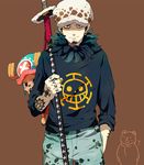  animal bear beard bepo black_eyes brown_background earrings english facial_hair fur guttary hat jewelry looking_at_viewer male_focus multiple_boys one_piece pants reindeer shirt simple_background smile sword sword_hilt tattoo tony_tony_chopper trafalgar_law weapon 