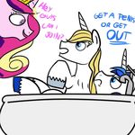  bathtub blonde_hair blue_eyes blue_hair equine faucet female feral friendship_is_magic frown fur gay hair horn horse long_hair male mammal my_little_pony open_mouth pink_fur plain_background pony prince_blueblood_(mlp) princess_cadance_(mlp) purple_eyes royalty shining_armor_(mlp) smile text two_tone_hair unicorn white_fur 