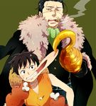  belt black_eyes black_hair cigar coat eating food fur fur_coat green_background guttary hook meat monkey_d_luffy multiple_boys one_piece pants scar shirt short_hair simple_background sir_crocodile smoke smoking yellow_eyes 