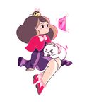  :&lt; animal animal_on_head arm_support artist_name bee bee_(bee_and_puppycat) bee_and_puppycat bow brown_hair bug capelet closed_eyes closed_mouth dress envelope insect long_hair natasha_allegri on_head puppycat simple_background sitting v-shaped_eyebrows white_background 