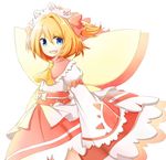  armband bad_id bad_pixiv_id blue_eyes bow dress drop_shadow ellipsis_(mitei) eyebrows_visible_through_hair eyes_visible_through_hair fairy_wings fang hair_bow headdress juliet_sleeves layered_dress long_sleeves looking_at_viewer obi open_mouth orange_hair puffy_sleeves sash shadow short_hair side_ponytail simple_background sleeves_past_wrists solo sunny_milk touhou v-shaped_eyebrows white_background wide_sleeves wings 