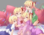  ahoge bespectacled blonde_hair blush bow cosplay crescent dress duplicate fang flandre_scarlet four_of_a_kind_(touhou) glasses hair_bow hong_meiling hong_meiling_(cosplay) izayoi_sakuya izayoi_sakuya_(cosplay) long_hair long_sleeves looking_at_viewer maid maid_headdress multiple_girls patchouli_knowledge patchouli_knowledge_(cosplay) pink_legwear red_eyes remilia_scarlet remilia_scarlet_(cosplay) short_sleeves side_ponytail smile spirytus_tarou star thighhighs touhou wings wrist_cuffs 