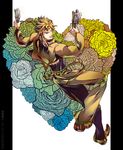  blonde_hair cropped_jacket dio_brando floral_background flower from_above from_side full_body grin headband heart heart_background holding holding_knife jojo_no_kimyou_na_bouken knife long_sleeves male_focus pants pillarboxed red_eyes rose smile solo tazawa_(odamura) weapon 