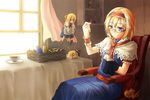  alice_margatroid basket bespectacled blonde_hair blue_eyes bow capelet chair cup dust erlenmeyer_flask freeze-ex glasses hair_bow hairband hourai_doll kirisame_marisa mary_janes needle pincushion round-bottom_flask saucer semi-rimless_eyewear sewing shanghai_doll shoes short_hair smile tape_measure teacup thread touhou under-rim_eyewear window wrist_cuffs 