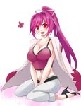  bad_id bad_pixiv_id blush breasts camisole capri_pants cleavage hair_intakes hair_ribbon haori high_heels japanese_clothes large_breasts long_hair midriff navel open_fly pants pants_rolled_up ponytail purple_hair red_eyes ribbon riko_(setsugetsuca) sandals sitting smile solo stiletto_heels transparent_background under_night_in-birth unzipped v_arms wariza yuzuriha_(under_night_in-birth) 