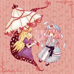  blonde_hair bug butterfly hat insect long_hair multiple_girls nine_usagi pink_hair ribbon saigyouji_yuyuko short_hair smile solid_oval_eyes touhou umbrella yakumo_yukari 