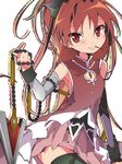  bare_shoulders black_legwear chain food hair_ribbon karaage_(torikkk) looking_at_viewer mahou_shoujo_madoka_magica mouth_hold pocky polearm ponytail red_eyes red_hair ribbon sakura_kyouko skirt solo spear thighhighs weapon zettai_ryouiki 