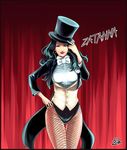  adjusting_clothes adjusting_hat black_hair blue_eyes blush breasts character_name curtains dc_comics earrings fishnet_pantyhose fishnets flower hat jdg jewelry large_breasts leotard lipstick long_hair magician makeup pantyhose rose smile solo star top_hat white_flower white_rose zatanna_zatara 