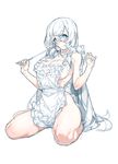  apron bad_id bad_pixiv_id blue_eyes breasts cleavage hujimogeo ladle large_breasts long_hair naked_apron original sideboob sitting sketch solo thighs very_long_hair white_hair 