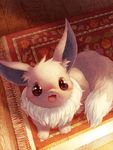  blush eevee from_above full-face_blush gen_1_pokemon looking_up no_humans open_mouth pokemon pokemon_(creature) rug smile solo toitoi508 wooden_floor 