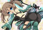  ass blue_eyes brown_hair flower milkpanda open_mouth patty_(pso2) phantasy_star phantasy_star_online_2 pointy_ears short_hair twintails weapon 