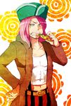  asdge23 eating food genderswap hand_on_hip hat highres jewelry_bonney one_piece pink_hair pizza sabaody_archipelago shueisha solo suspenders vertical_stripes 