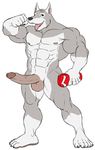  abs anthro balls biceps big_muscles big_penis black_nose brown_eyes canine claws dog erection fangs flexing fur grey_fur grin humanoid_penis looking_at_viewer male mammal modem_redpill muscles nipples nude open_mouth pawpads paws pecs penis plain_background pose presenting sheath smile solo standing teeth toe_claws toned tongue tongue_out vein white_background white_fur 