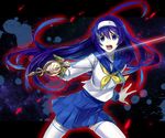  ahoge alternate_costume banned_artist blue_eyes huge_ahoge open_mouth orie_(under_night_in-birth) pleated_skirt purple_hair rapier school_uniform serafuku skirt solo sword thighhighs under_night_in-birth weapon white_legwear yusano 