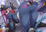  all_fours alternate_costume ass body_writing breasts caitlyn_(league_of_legends) clothes_writing exaxuxer gun hat highres huge_ass jinx_(league_of_legends) league_of_legends lipstick_tube long_hair looking_back mechanical_arms medium_breasts multiple_girls nail_polish officer_caitlyn officer_vi pink_hair pinky_out police police_uniform policewoman purple_eyes rifle scope shotgun_shells smile sniper_rifle sunglasses uniform vi_(league_of_legends) weapon 
