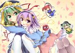  arms_behind_head blush eyebrows green_eyes green_hair hair_bobbles hair_ornament hairband hat heart heart_of_string komeiji_koishi komeiji_satori kuzumomo lavender_hair long_hair minigirl multiple_girls one_eye_closed onozuka_komachi petals purple_eyes red_eyes red_hair rod_of_remorse scythe shiki_eiki short_hair skirt slippers thighhighs third_eye touhou two_side_up white_legwear 